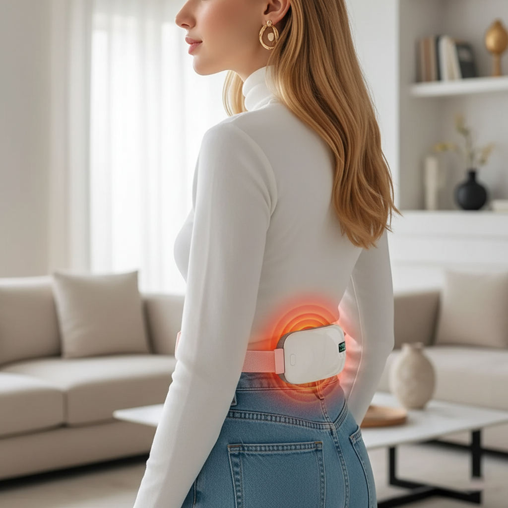 حزام تدفئة للاستخدام أثناء الدورة – اهتزاز، تدفئة، 4 أوضاع لتخفيف ألم البطن